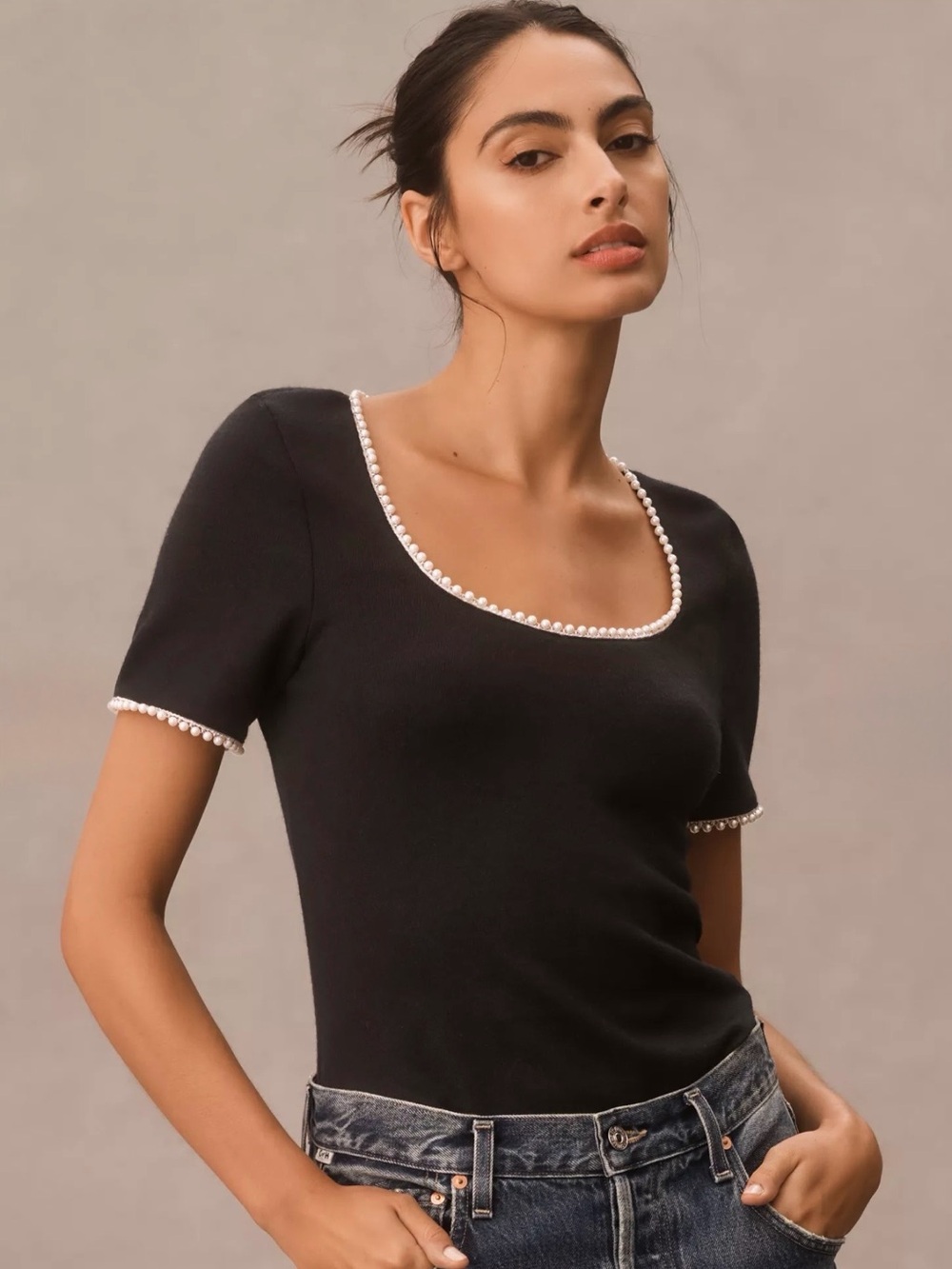 Black Scoop Neck Top with Pearl Trim